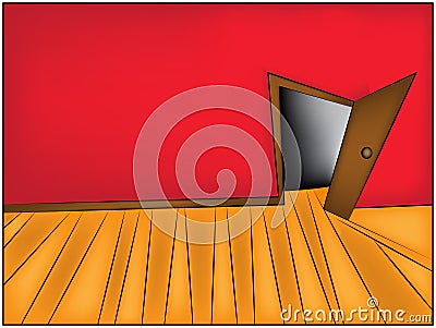 Mystery Room cartoon vector Illustration of home or office corridor and open door. Vector Illustration