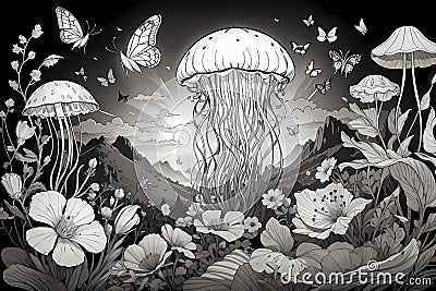 mystery scene with jellyfish, butterflies and flowers. Stock Photo