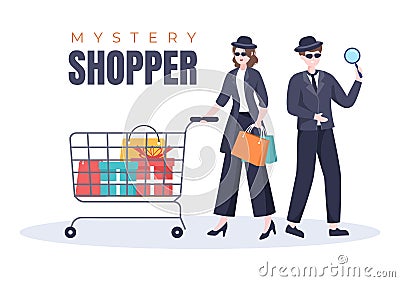 Mystery Shopper with Bags in Sunglasses, Magnifier, Spy Coats and Hats in Flat Cartoon Style Illustration Vector Illustration
