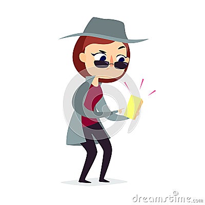 Mystery shopper woman in spy coat checks the goods Vector Illustration