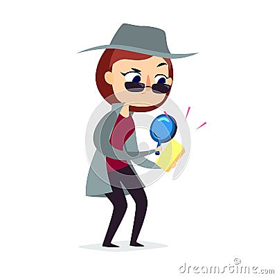 Mystery shopper woman in spy coat checks the goods Vector Illustration