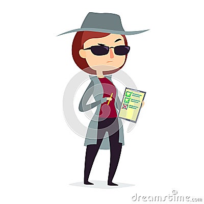 Mystery shopper woman in spy coat with pen and checklist Vector Illustration