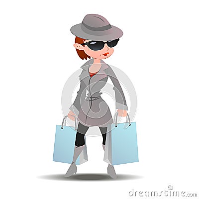 Mystery shopper woman in spy coat with shopping paper bags Vector Illustration