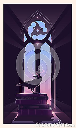 The raven is sitting on the books. Gothic window. The keeper of secrets. Vector Illustration