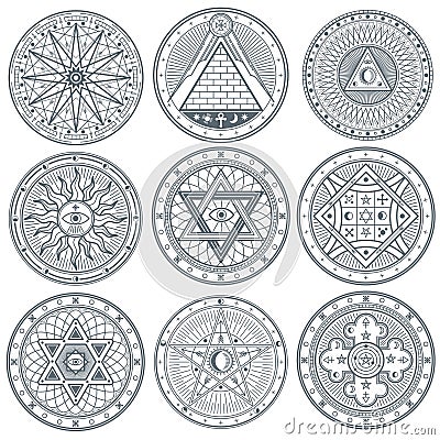 Mystery, witchcraft, occult, alchemy, mystical vintage gothic vector tattoo symbols Vector Illustration