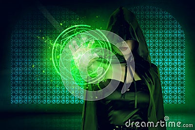 Mystic asian woman in witch costume showing pentagram design fro Stock Photo