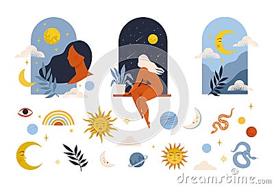 Mystic astrology and woman. Hand drawn magic vintage signs, esoteric cult fairy design. Vector abstract cosmic symbols Vector Illustration