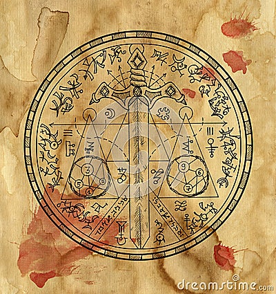 Mystic background with fantasy sword in magic seal, pentacle on old paper texture manuscript Cartoon Illustration