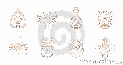 Mystic boho logo, design elements with moon, hands, star, eye, crystal bottle, ball future. Vector magic symbols Vector Illustration