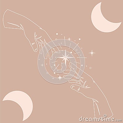 Mystic boho logo, design elements with moon, hands, star, eye. Vector magic symbols isolated on white background Vector Illustration