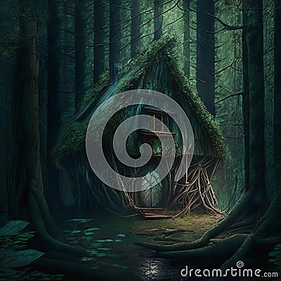 Mystic cabin it the forest. Halloween night. Stock Photo