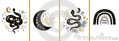 Mystic cards set. Mystical boho floral moon, animal, moon serpent, rainbow Celestial elements Esoteric logo Vector Illustration