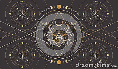 Mystic celestial background with a golden outline insect, stars with radial circles, moon phases and crescents Vector Illustration