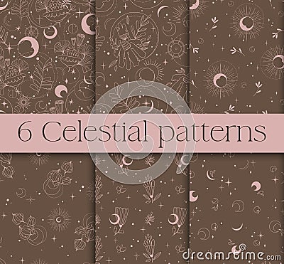 Mystic celestial seamless pattern set - magic flowers, moon and stars in monochrome, esoteric vector reapiting motives Vector Illustration