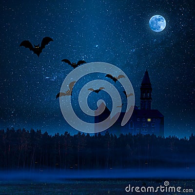 Mystic dark castle in forest Stock Photo