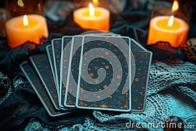 Mystic divination Tarot reading setup with cards and candlelight ambiance Stock Photo