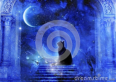 Mystic divine gate with stairs, cat, stars and a planet Stock Photo