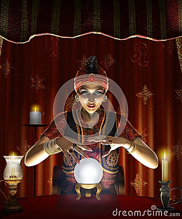 Mystic female Gypsy fortune teller with a lighted crystal ball Stock Photo