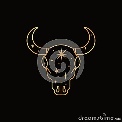 Mystic Golden Bull Skull in a Trendy Liner Minimal Style. Vector Boho illustration of Magic Cow Head with Stars Vector Illustration