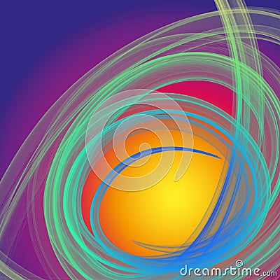 Mystic green and blue smoke fiber spiral on violet and yellow background Stock Photo