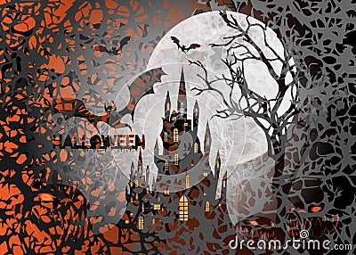 Mystic illustration, dark orange background on a spooky full moon background with silhouettes of characters and scary bats Vector Illustration