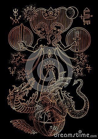 Mystic illustration with spiritual and alchemical symbols, androgyne, twins or Gemini concept on black background Stock Photo