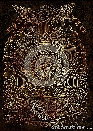 Mystic illustration with spiritual and christian religious symbols as Devil, Eve and Adam, hell and paradise on texture background Stock Photo