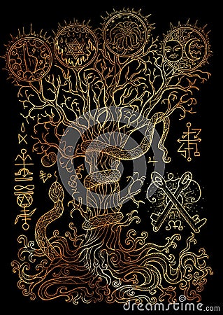 Mystic illustration with spiritual and christian religious symbols as snake, tree of knowledge and forbidden fruit on black backgr Stock Photo