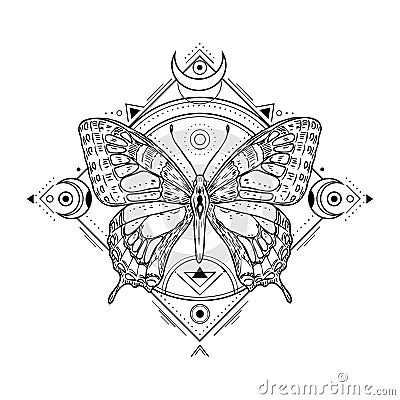 Mystic insect tattoo. Engraving mystical spiritual sketch design. Alchemy freemasonry occult vector symbol Vector Illustration