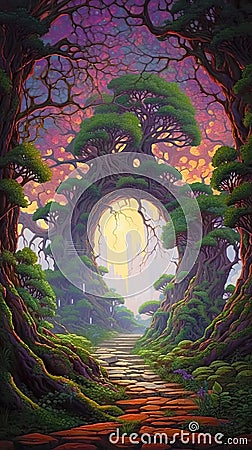 Mystic Mechanisms: A Painting of an Archway and Tree AI Generated Cartoon Illustration