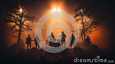 Mystic Melodies: Silhouettes of a Band in Ethereal Backlight Stock Photo