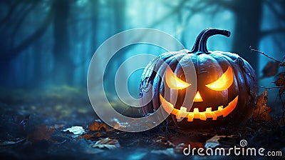 Mystic Night Encounter Halloween Pumpkin Amidst the Enchanted Forest. created with Generative AI Stock Photo