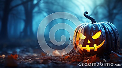 Mystic Night Encounter Halloween Pumpkin Amidst the Enchanted Forest. created with Generative AI Stock Photo