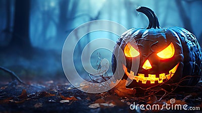 Mystic Night Encounter Halloween Pumpkin Amidst the Enchanted Forest. created with Generative AI Stock Photo