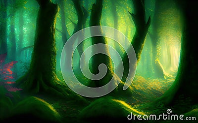 Mystic night forest with shining light. Generative Al Illustration Stock Photo