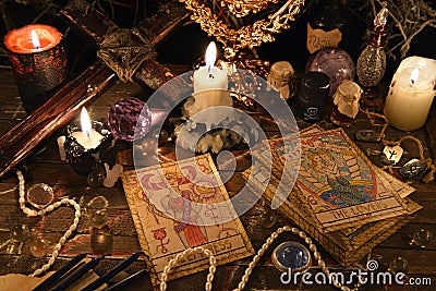 Mystic ritual with tarot cards, magic objects and candles Stock Photo