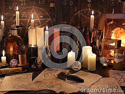 Mystic still life with magic objects, books and candles Stock Photo