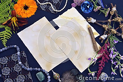 Mystic still life with old paper with copy space, tarot cards and pentagram on witch table Stock Photo