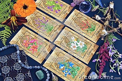 Mystic still life with tarot cards, pentagram and flowers on witch table Stock Photo