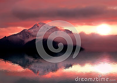 Mystic sunset with mountain reflection and lake Stock Photo