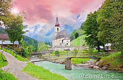 Mystic sunset at Ramsau church Stock Photo