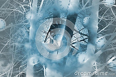 Mystic time clocks in forest Stock Photo