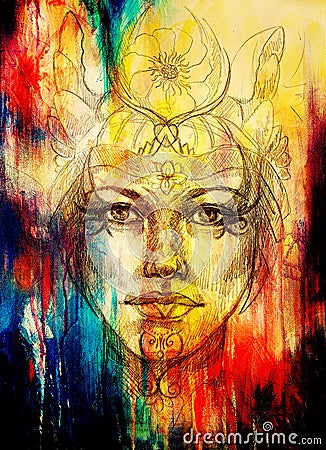 Mystic woman face with floral ornament. Drawing on paper, Color effect. Eye contact. Stock Photo