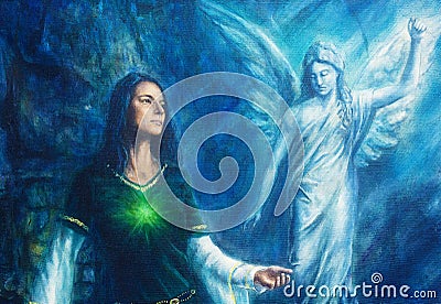 Mystic woman in historical dress with ornament and angel. Spiritual concept. Painting on canvas with abstract blue background. Stock Photo
