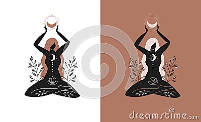 Mystic women, exotic woman, feminine concept illustration, beautiful esoteric women silhouettes . Flat style vector Vector Illustration