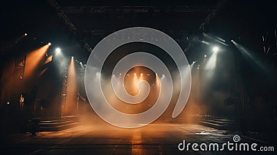 Mystical ambiance on an empty stage with radiant scenic lights and swirling smoke, ample copy space Stock Photo