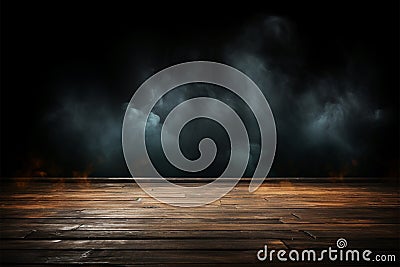 Mystical ambiance: Wooden table, rising smoke, dark wall background Stock Photo