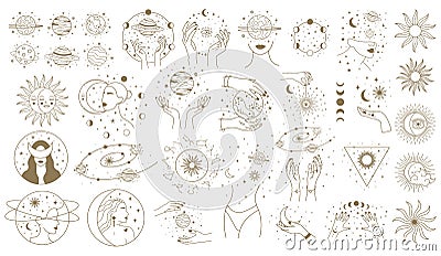 Mystical astrology elements. Magical space objects, planets, stars with female hands and faces vector illustration set Vector Illustration