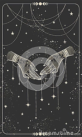 Mystical astrology tarot card, two female hands with jewelry, threads of fate, fortune telling, boho stories template Vector Illustration