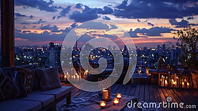 A mystical atmosphere is brought to life by the soft glow of candles and the breathtaking city view from the rooftop. 2d Stock Photo